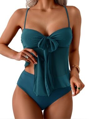 B2prity Women’s Swimsuit Tankini Tummy Control Flowy Mesh Tops, High Waisted